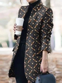Spausdinti pavasarį, rudenį tranšėjos paltai moterims 2020 fashion švarkas ilgas kailis Ilgas rankovėmis stovėti apykaklės, outwear veste femme plius dydis