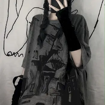 NiceMix Harajuku grafiti spausdinti moterų marškinėlius pora marškinėliai korėjos stiliaus viršūnes negabaritinių grafinis tee vasaros komplektus, o-kaklo tees