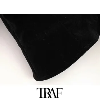 TRAF Moterų Derliaus Stilingas Kratinys Aksomo Apkarpytos Palaidinės Mados V Kaklo Sluoksniuotos Rankovėmis Moterų Marškiniai, Elegantiškos Viršūnes Blusas Mujer