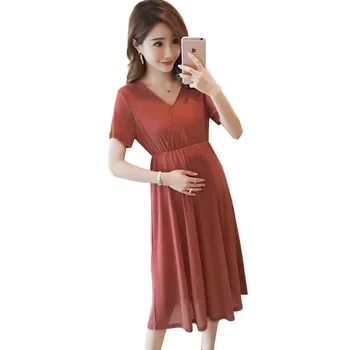 Nėštumo suknelė vasaros korėjos versija V apykaklės slaugos ryškios šilko suknelė rodyti plonas elegantiškas motinystės suknelės fotosesiją