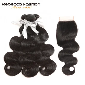 Rebecca Kūno Bangų Paketų Su Uždarymo Remy Human Hair 3 Ryšulius Su Uždarymo Brazilijos Audžia Žmogaus Plaukų Su Uždarymo Ilgai colių