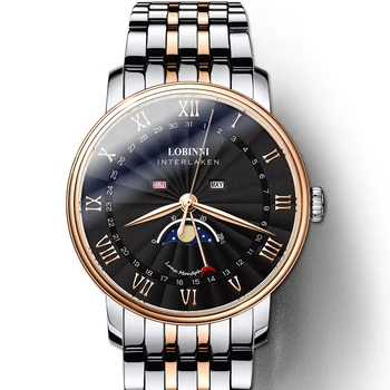 LOBINNI Vyrų Laikrodžiai Šveicarijos Prabangos Prekės ženklo Žiūrėti Vyrų Sapphire atsparus Vandeniui Mėnulio Fazės reloj hombre Japonijoje Miyota Judėjimo L3603-3