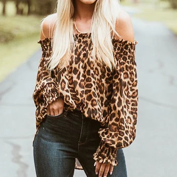 2019 Naujų Rudens Mados Moterų Sexy Off Peties Long Sleeve T-shirts Atsitiktinis Leopard 