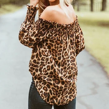 2019 Naujų Rudens Mados Moterų Sexy Off Peties Long Sleeve T-shirts Atsitiktinis Leopard 