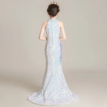 Stilingas Merginos Princesė Suknelės Apynasrio Blizgančiais Traukinio Mermaid Dress B024 Rankovių Elegantiškas Ilgas Gėlių mergaičių Suknelės Vestuvėms