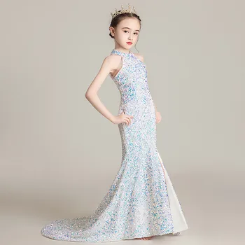 Stilingas Merginos Princesė Suknelės Apynasrio Blizgančiais Traukinio Mermaid Dress B024 Rankovių Elegantiškas Ilgas Gėlių mergaičių Suknelės Vestuvėms
