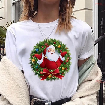 Trumpas Rankovės marškinėliai Moteriška Tinka Visais metų laikais, baltus Drabužius Moterims, naujieji Metai, Kalėdos, Kalėdų Senelis Spausdinti marškinėliai Harajuku
