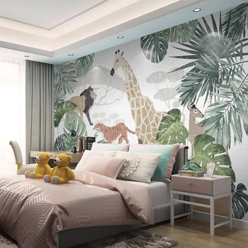 Pasirinktinius Nuotraukų Šiaurės Tropinių Augalų Bananų Lapų Gyvūnų Liūtas, Žirafa, Tigras Freskos Kambarį Miegamųjų Namo Apdaila Sienos Popieriaus 3D