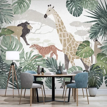 Pasirinktinius Nuotraukų Šiaurės Tropinių Augalų Bananų Lapų Gyvūnų Liūtas, Žirafa, Tigras Freskos Kambarį Miegamųjų Namo Apdaila Sienos Popieriaus 3D