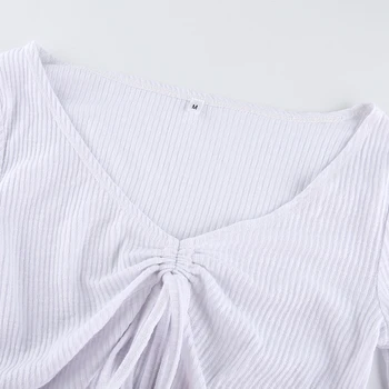 Weekeep Megzti Elastinga Juosmens sutraukimo juostelę Moterų marškinėliai ilgomis Rankovėmis Tuščiaviduriai Iš V-Kaklo Ruffles Viršūnes Liesas Seksualus StreetwearT-shirt