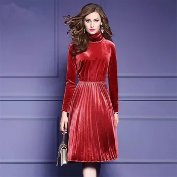 2020 Moterys pavasarį, Rudenį suknelė vintage Ilgas rankovėmis suknelė golfo aksomo, Plisuotos Suknelė plius dydis veliūras marškinėliai M - 7XL