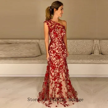 Raudonos Nėrinių Vieną Petį Vakaro Suknelės Prom Gėlių Appliques Vestidos De Fiesta Chalatas De Soiree Plius Dydis