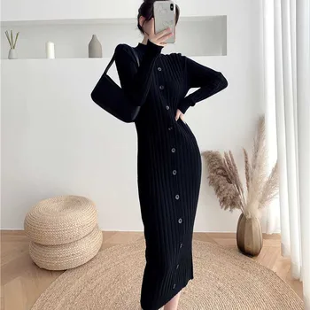 Korėjos Vientisas Moteris Apsidraudimo Suknelė Vintage Elegantiškas Plonas Megztinis Megztas Sukneles 2020 M. Rudens Žiemos Ponios Nauja Suknelė Vestidos