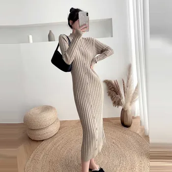 Korėjos Vientisas Moteris Apsidraudimo Suknelė Vintage Elegantiškas Plonas Megztinis Megztas Sukneles 2020 M. Rudens Žiemos Ponios Nauja Suknelė Vestidos