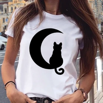 Moterys Grafikos Animacinių Filmų Katės Saldus Atsitiktinis Mados Estetinės Gyvūnų Trumpomis Rankovėmis Spausdinti Moterų Drabužiai Viršūnes Tees Marškinėlius (T-Shirt