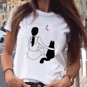 Moterys Grafikos Animacinių Filmų Katės Saldus Atsitiktinis Mados Estetinės Gyvūnų Trumpomis Rankovėmis Spausdinti Moterų Drabužiai Viršūnes Tees Marškinėlius (T-Shirt