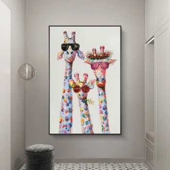 Žirafa Šeimos Su Akiniais Naftos Paveikslų Spausdinimas Ant Drobės Meno Nuotraukas Gyvūnų Gatvės Menas, Plakatų Ir Spausdina Vaikai Kambario Dekoro
