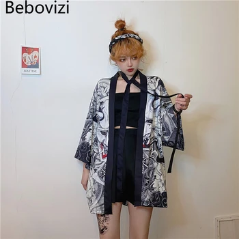 Bebovizi Japonų Stiliaus Demonas Spausdinti Megztinis Kimono Harajuku Anime Moterys Vyrai Cosplay Yukata Moterų Streetwear Tradicinių Haori