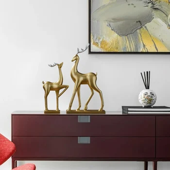 Derva Golden deer Statula Pasisekė Gyvūnų Statulėlės, Vestuvių Dovanos, Namų Biuro Apdailos Feng Shui Amatų Dekoro Statulėlės Skulptūra