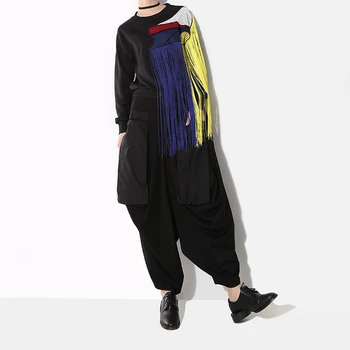 Naujas Streetwear Unikalų Stilių Moteris Top Rudens-Žiemos Juoda Atsitiktinis Puloveriai Palaidinukė Su Kutais Ponios Atsitiktinis Marškinėlius 3961
