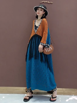 Retro kontrastas suknelė rudens mados megzti suknelę korėjos versija, ilgi megztiniai megztinis su V-kaklo pakraštyje suknelė aukštos kokybės moterų drabužių