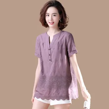 Aukštos Kokybės Medvilnės Marškinėliai Moterims Vasaros Atsitiktinis Viršūnes Naujų 2020 M. Korėjos Stiliaus Siuvinėjimų Moteris, Palaidinės, Marškinėliai Plius Dydis P1252