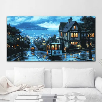 50x100cm Drobės paveikslai numerius, namų puošybai aliejaus tapybos numerių komplektai vandens miestą nakties vaizdai, nuotraukos sienos menas