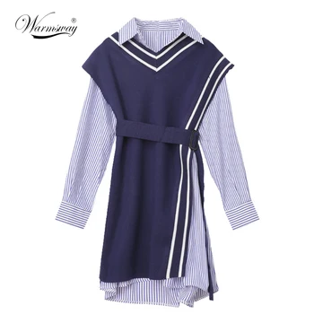 Dviejų dalių Komplektai Moterų Streetwear Dryžuotas Marškinėliai Mini Suknelės Megztos Liemenės Diržo 2021 Pavasario Mados Kostiumas 2 Gabalas Rinkinių, C-321