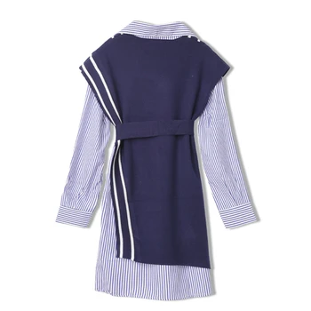 Dviejų dalių Komplektai Moterų Streetwear Dryžuotas Marškinėliai Mini Suknelės Megztos Liemenės Diržo 2021 Pavasario Mados Kostiumas 2 Gabalas Rinkinių, C-321