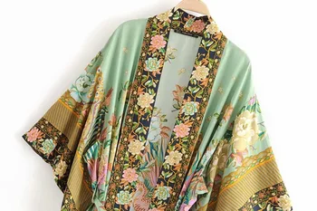 Fitshinling Spausdinti Gėlių Paplūdimio Kimono Varčias Plonas Ilgas Megztinis Moteriška Rudens Medvilnės Seksualus Derliaus Paplūdimio Cover-Up Bohemijos