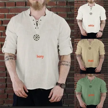 Europos Vikingų ir Piratų Viduramžių Kostiumų Lino Nacionalinės Prarasti Palaidinė Tee Viršūnes Vyrų Riteris Cosplay V-kaklo, ilgomis Rankovėmis Retro T-shirt