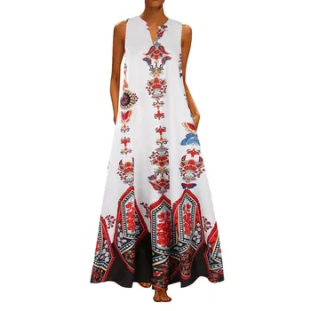 Moterų Plius Dydis Spausdinti Dienos Elegantiškas Atsitiktinis Berankovis Vasaros Derliaus Bohemijos V Kaklo Maxi Suknelė Tunique Longue Femme 2021 Karšto