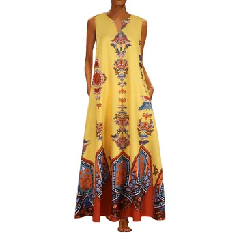 Moterų Plius Dydis Spausdinti Dienos Elegantiškas Atsitiktinis Berankovis Vasaros Derliaus Bohemijos V Kaklo Maxi Suknelė Tunique Longue Femme 2021 Karšto