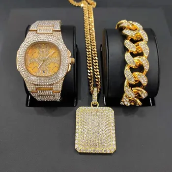 Prabangių Vyrų Aukso Spalvos Watch & apyrankę & Karoliai Combo Set Ledo Iš Kubos Žiūrėti Kristalų Miami Karoliai Grandinės Hip-Hop Vyrams