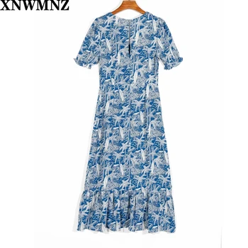 Mados Padalinti Šalies moterų suknelė Vintage Blue Gėlių Spausdinti Vasaros Suknelė Seksualus Šifono Trumpas Rankovės vestido