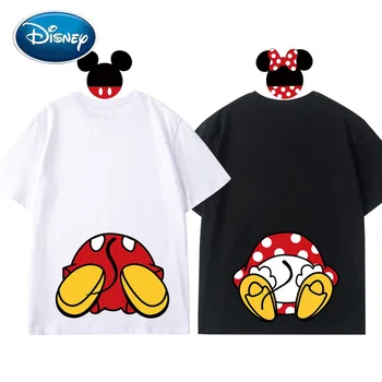 Disney Elegantiškos Mados Atgal, Minnie, Mickey Mouse Cartoon O-Kaklo Moterims, T-Marškinėliai, Unisex Porų Medvilnė Tee Trumpomis Rankovėmis Viršūnes 6 Spalvų