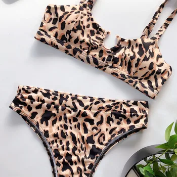 2020 Naujas Leopard Print Seksualus Bikini Nustatyti Moterų vientisas Bikini Push-up Pad maudymosi Kostiumėliai, Tvarstis maudymosi kostiumėlį Paplūdimio 2vnt Nemokamas Pristatymas