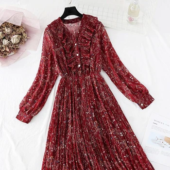 2020 korėjos Vasaros Šifono Moterų Suknelė Elegantiškas V-kaklo Ponios Derliaus Plisuotos Ilga Suknelė ir Gėlių spausdinti Office ilgomis Rankovėmis Vestidos