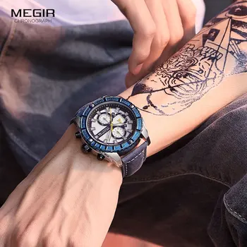 MEGIR vyriški Laisvalaikio Odinis Dirželis Kvarcas Laikrodžiai Mados 2021 Chronograph Žiūrėti Žmogui Karinės Sporto Luminouss Laikrodis Reloj