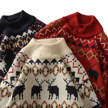 Kalėdų Spausdinti Elnias Megztinis Mados Vyrų Megztinis Trikotažas Unisex Streetwear Jersey Traukti Homme Pusė Golfo Vintage Megztinis