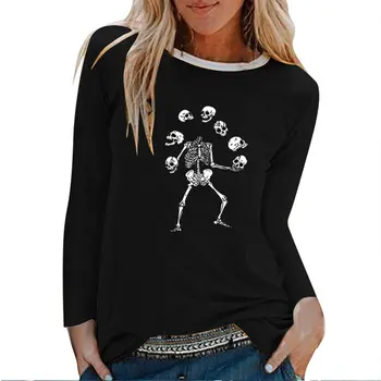 Kaukolės Skeletas Spausdinti Long Sleeve Top Moteris Rudens-Žiemos Grafinis Tees Gotikos Harajuku Balta Įgulos Kaklo Drabužius Mujer Camisetas