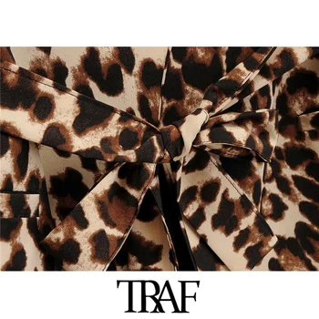 TRAF Moterų Mados Su Diržo Leopardas Spausdinti Švarkas Kailis Derliaus ilgomis Rankovėmis Gyvūnų Modelio Moterų Viršutiniai drabužiai Prašmatnus Viršūnės