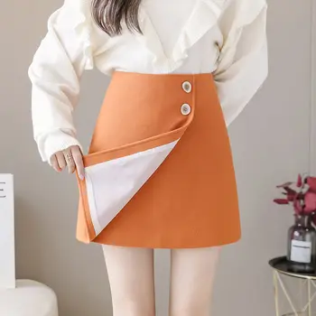 Aukštos juosmens oranžinės vilnos sijonai moterų 2020 m. rudens žiemos korėjos-line mini sijonai nereguliarus femme jupes vilnonių saias plius dydis