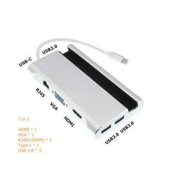 Trumsoon C Tipo su RJ45 Gigabit Ethernet HDMI, VGA, USB, C 3.0 SD TF Adapteris, skirtas 