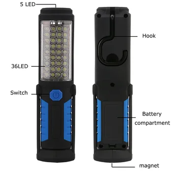 Sulenkite gali Super Šviesus 36+5 LED Rankoje Deglas Darbą Šviesos Magnetinis Kabinti Kablys Tikrinimo Lempą Žibintuvėlį, Fakelą Baterija