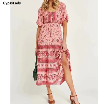 GypsyLady Rožinė Derliaus Boho Gėlių Maxi Suknelė Moterims Spausdinti Ilgos Suknelės Hipių Prašmatnus Etninės Varčias Merginos Atostogų Suknelė Drabužius