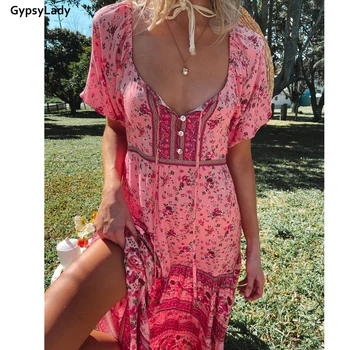 GypsyLady Rožinė Derliaus Boho Gėlių Maxi Suknelė Moterims Spausdinti Ilgos Suknelės Hipių Prašmatnus Etninės Varčias Merginos Atostogų Suknelė Drabužius