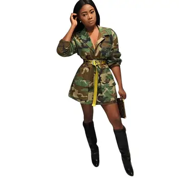 2019 m. Rudenį Karšto Pardavimo Mados Green Camo Spausdinti ilgomis Rankovėmis, Paltai išjunk Kaklo Kišenės Ilgai Moterims Švarkai Outwear S--3XL