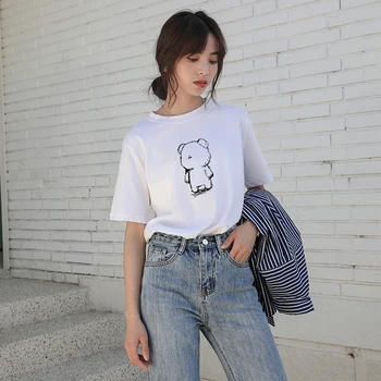 Hirsionsan 6 Spalvų Medvilnės Marškinėliai Moterims 2020 Naujų Korėjos Kawaii Spausdinti Merginos Tshirts Minkštas Atsitiktinis Viršūnes Harajuku Pagrindinio Tees