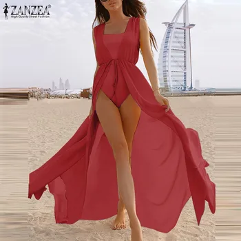 ZANZEA Femme Palaidinės Vasaros Atostogų Paplūdimyje Moterų Megztinis įvarstyti Atsitiktinis Feminino Kietas Rankovių Chemise Sundress Plius Dydis 5XL